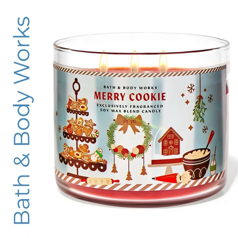 Bath & Body Works Merry Cookie 3 Wick Candle With Decorative Lid